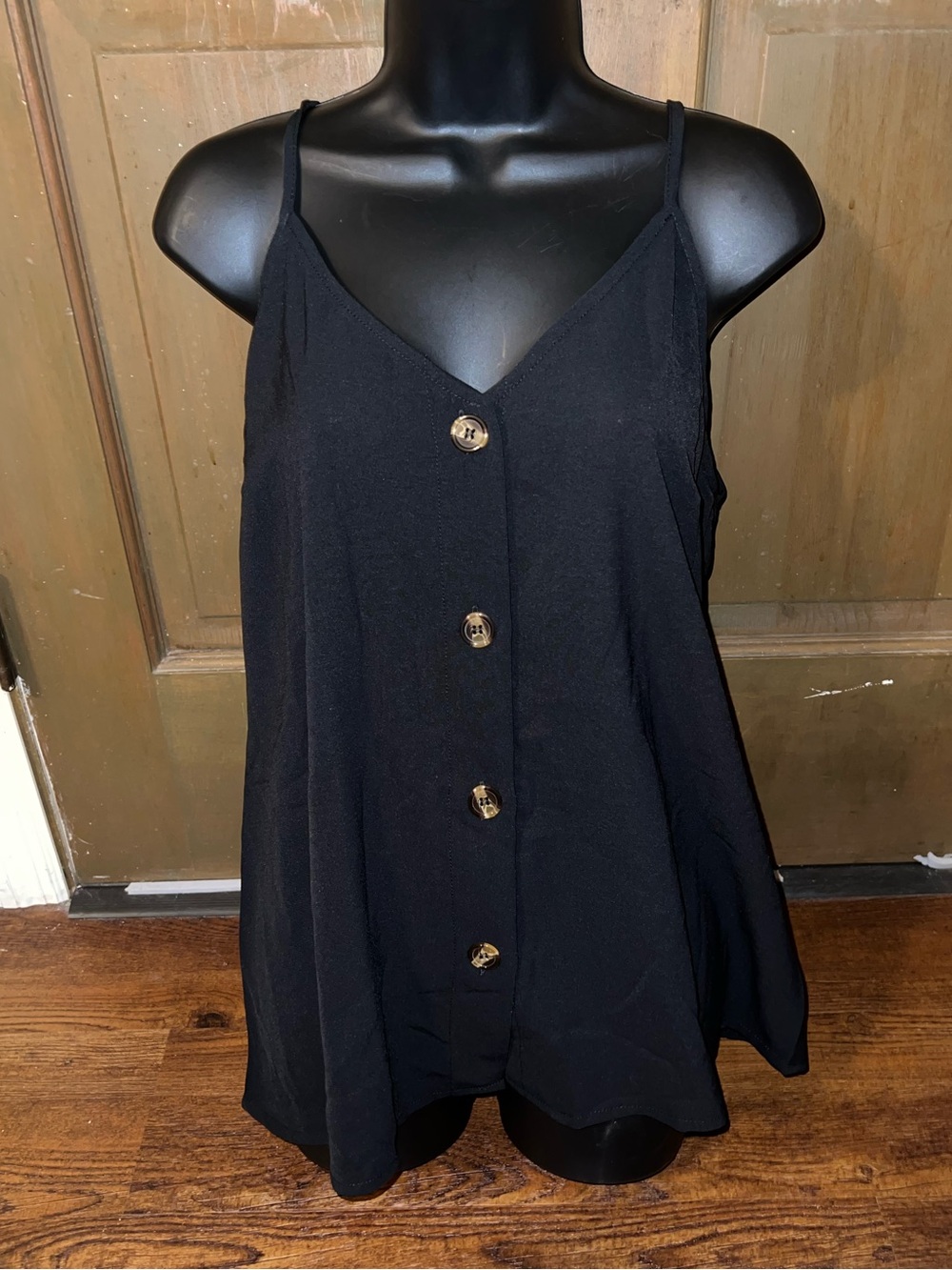 Black Button Front Casual Spaghetti Strap Boho Relaxed Fit Tank Top Size L